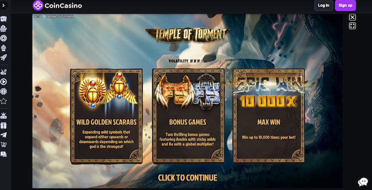Main features and bonuses of Temple of Torment, as seen at CoinCasino