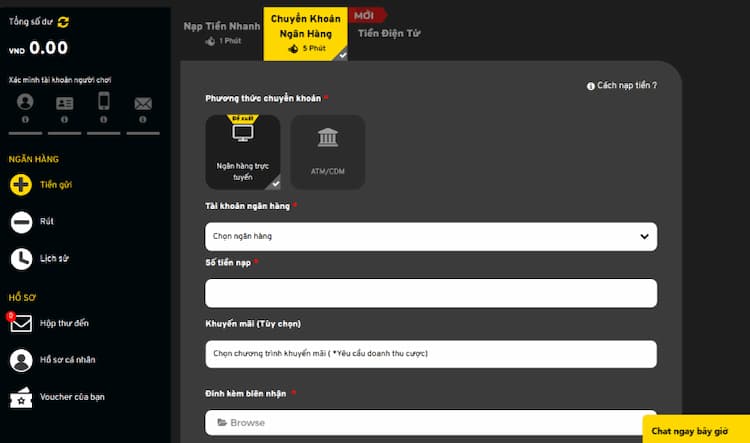Nạp tiền theo phương thức chuyển khoản ngân hàng tại nhà cái uy tín
