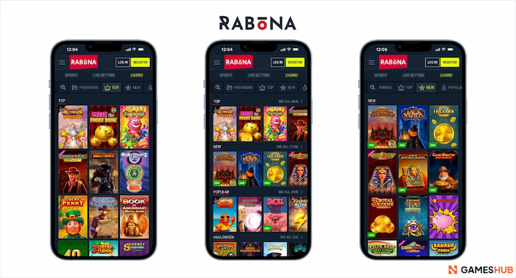 An image which depicts the games page of Rabona, a top-tier online casino Bahrain players can't get enough of, displayed on three smartphones.