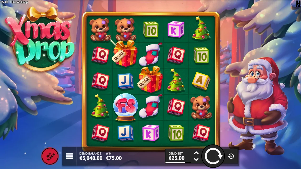 Gameplay screen from the Xmas Drop online slot game featuring Santa and festive holiday symbols Gameplay screen from the Xmas Drop online slot game featuring Santa and festive holiday symbols