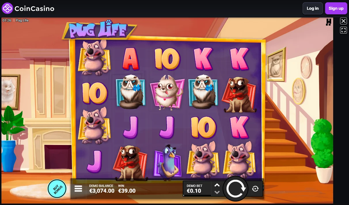 An image from our Pug Life slot review of gameplay on CoinCasino