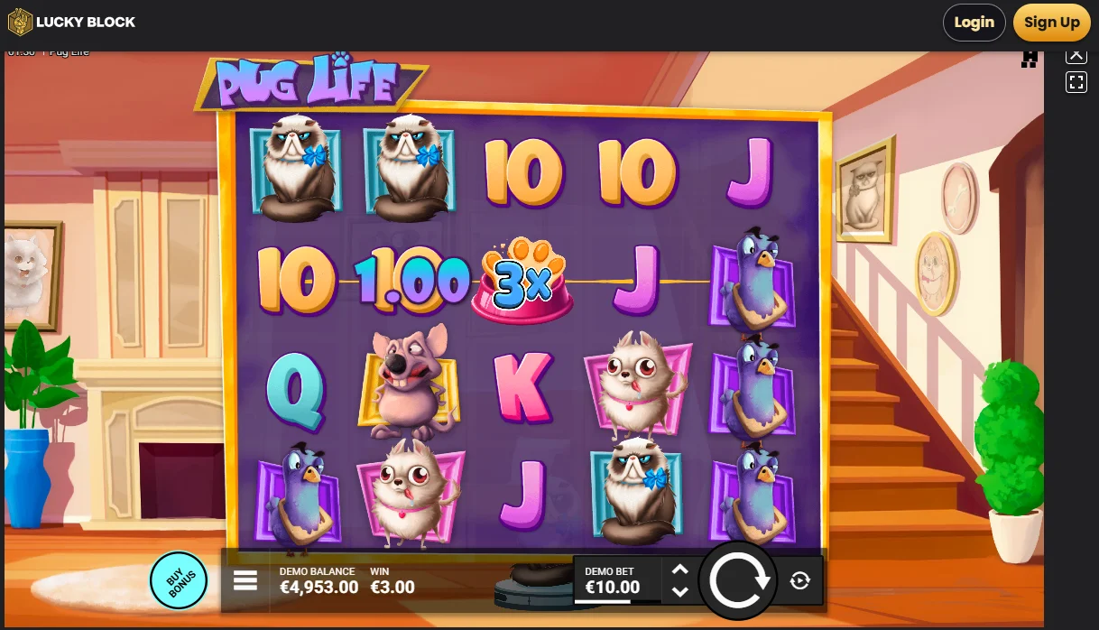 An image from our Pug Life slot review of gameplay on Lucky Block Casino