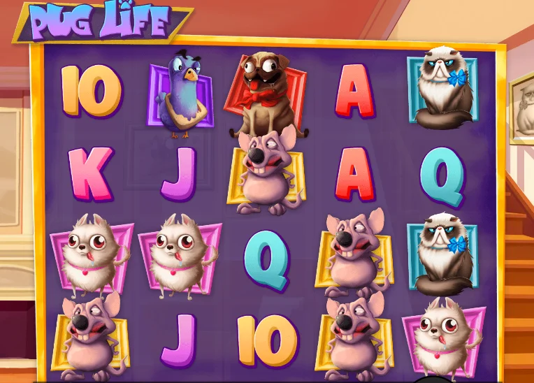 A snapshot of the Pug Life online slot game featuring cartoon pugs and playing card symbols