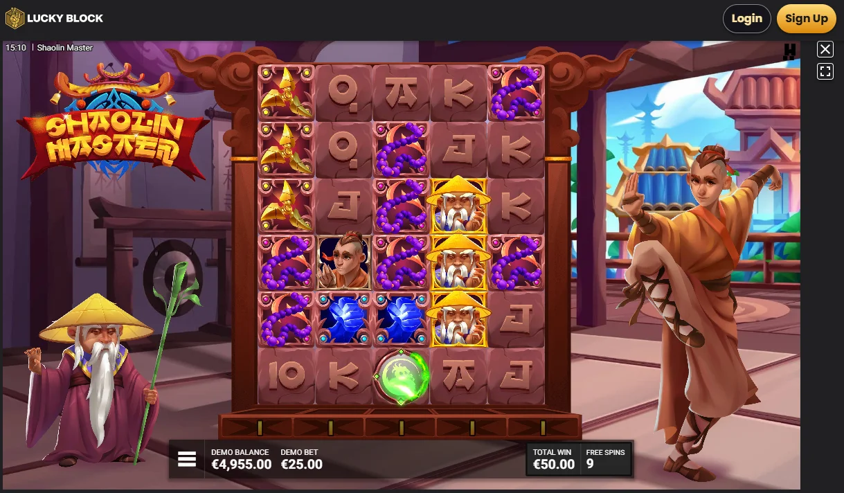 A screenshot from our Shaolin Master slot review of gameplay on Lucky Block