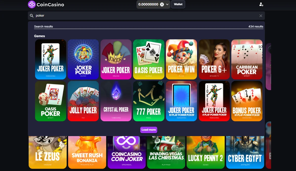 The poker selection at CoinCasino