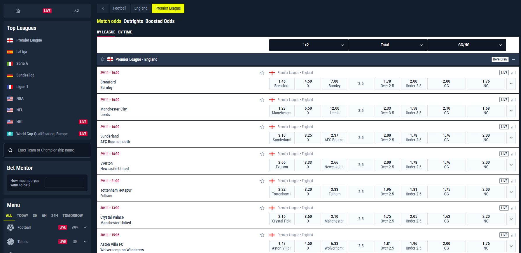 A view of the football betting options on Casinia