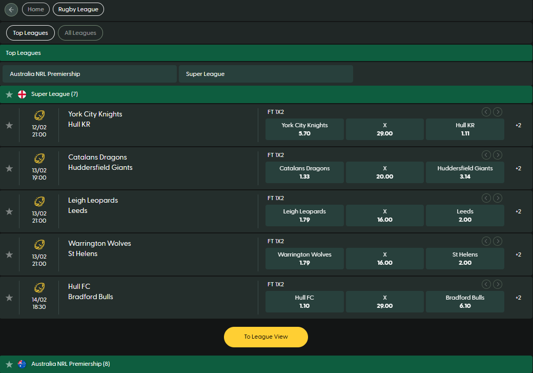 A preview of Rugby League markets at one of the sites for sports betting in the UAE