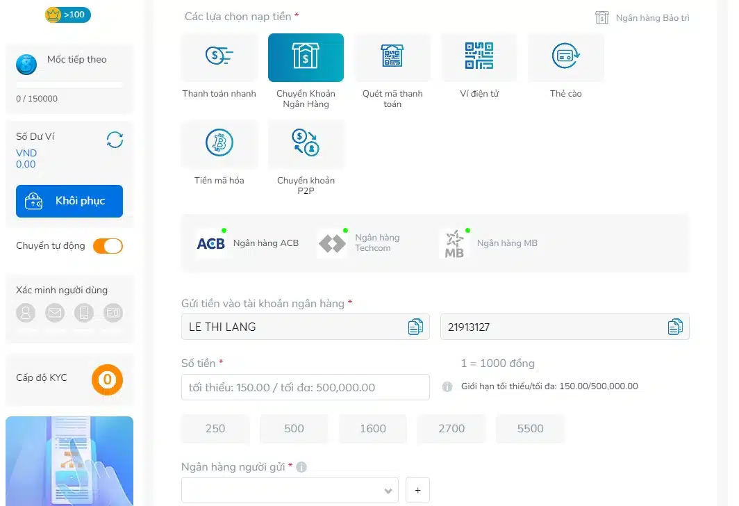 Nạp tiền vào tài khoản