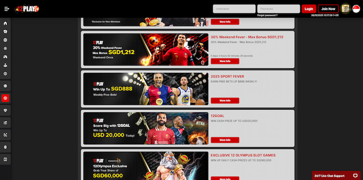 Screenshot which showcases several 12Play promos, including a free bet bonus.