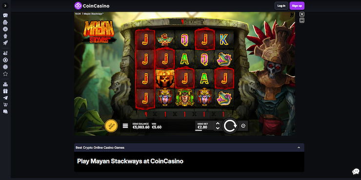 A screenshot taken of the CoinCasino site, our number 1 pick in this Mayan Stackways slot review for fans of the game