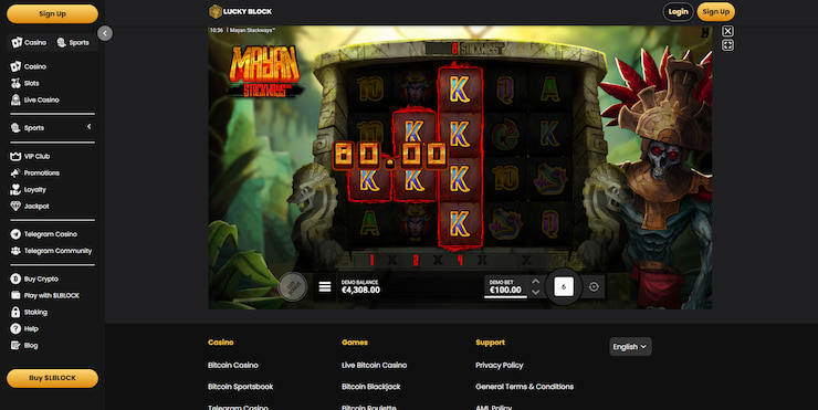 Much closer look at the Mayan Stackways slot being played at Lucky Block, a casino that's packed with Hacksaw Gaming releases