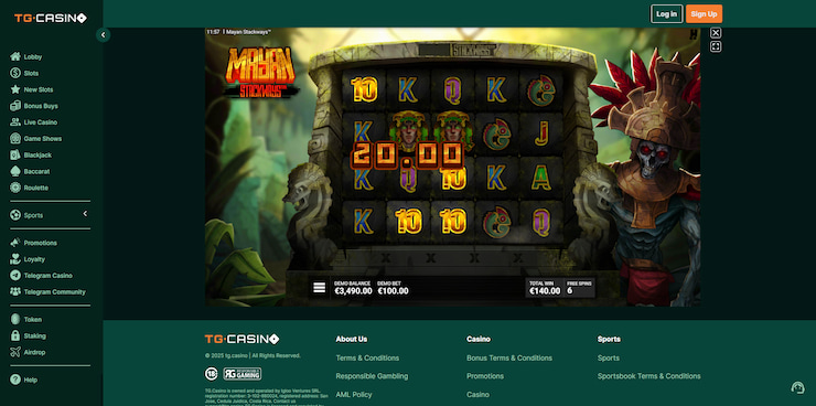 A screengrab taken of the Mayan Stackways game being played at TG Casino, a renowed site for its promotions