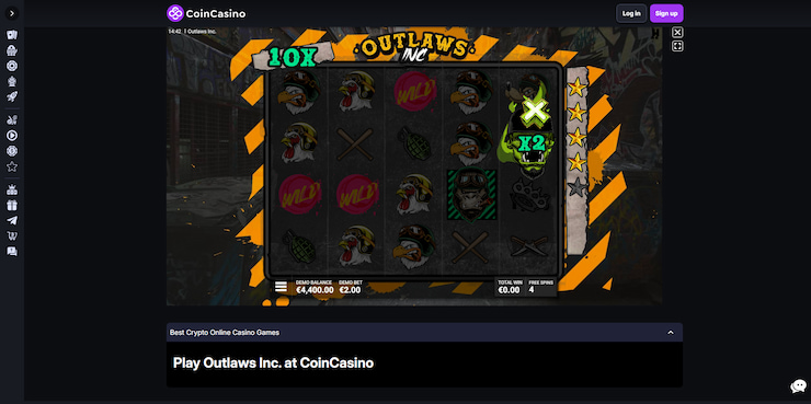 A screenshot taken of this Hacksaw original being played at CoinCasino, our no.1 pick in this Outlaws Inc slot review.