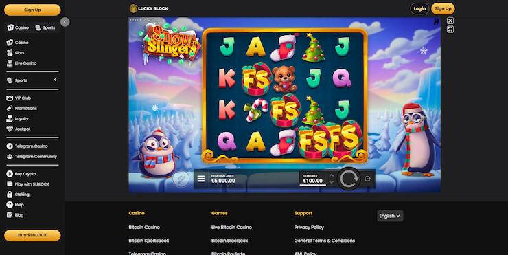 A screenshot taken from Lucky Block's Snow Slingers demo version, where four FS symbols were landed