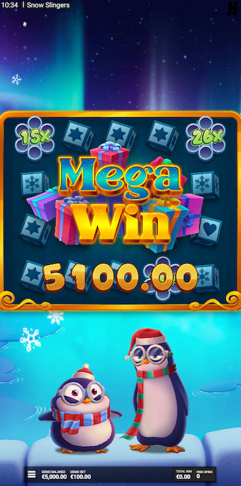 Quick mobile screengrab of a Mega Win being landed on the Snow Slingers slot game