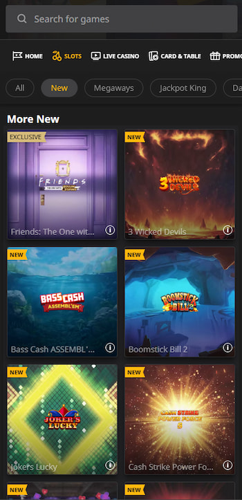 Screenshot of the Betfair casino new slots UK page taken from a mobile-optimised app.