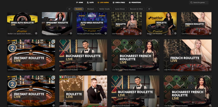 A screengrab of the various Speed or Instant Roulette games that can be played at the Betfair casino
