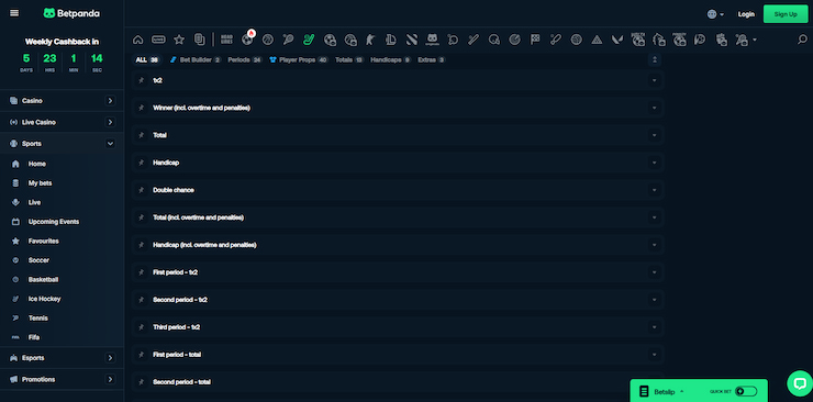An image showcasing the many ice hockey markets found at Betpanda, a top-tier anonymous crypto sports betting site