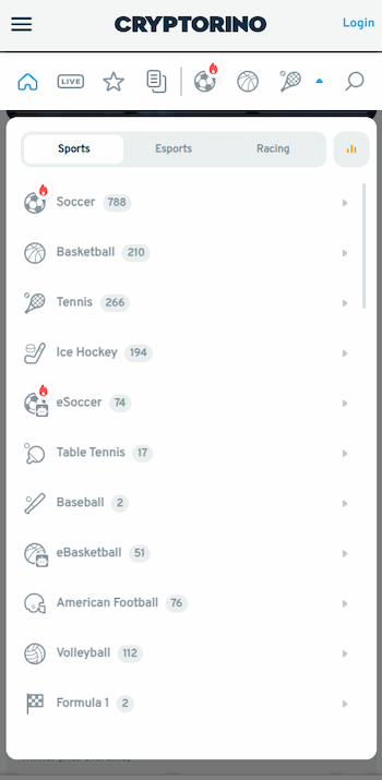 Overview of the markets found at Cryptorino's mobile-optimized crypto sports betting app