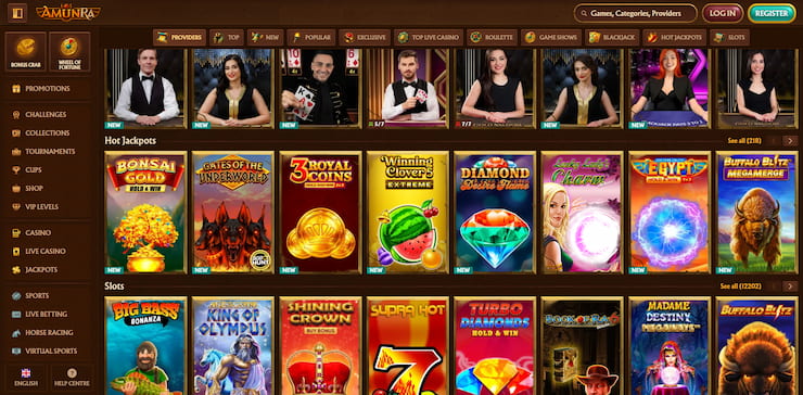 Screenshot of a gaming library filled with slots belonging to AmunRa, a top UAE online casino