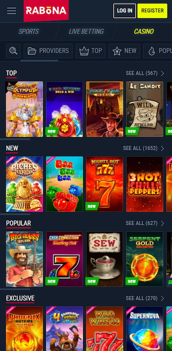 Quick screengrab taken of Rabona's UAE casino online app, showcasing a variety of exciting new, popular, and exclusive slots