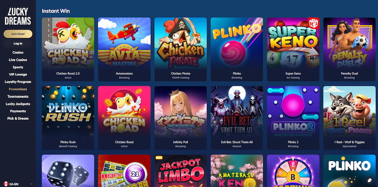 Screenshot of the crash games found throughout Lucky Dream's Instant-Win page, a prime spot for online casino Bahrain bettors who value speed
