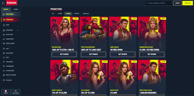 Screengrab featuring a variety of welcome offers, reloads, and cashbacks found at Rabona, the best online casino in Bahrain.