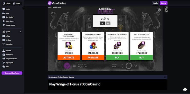 Screenshot taken of the Wings of Horus game being played at CoinCasino, at top spot for its 200% deposit-match welcome offer