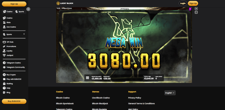 Screengrab of a Mega Win on the Wings of Horus slot being landed at the Lucky Block casino