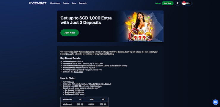 The promotions page for the Gembet welcome offer. 