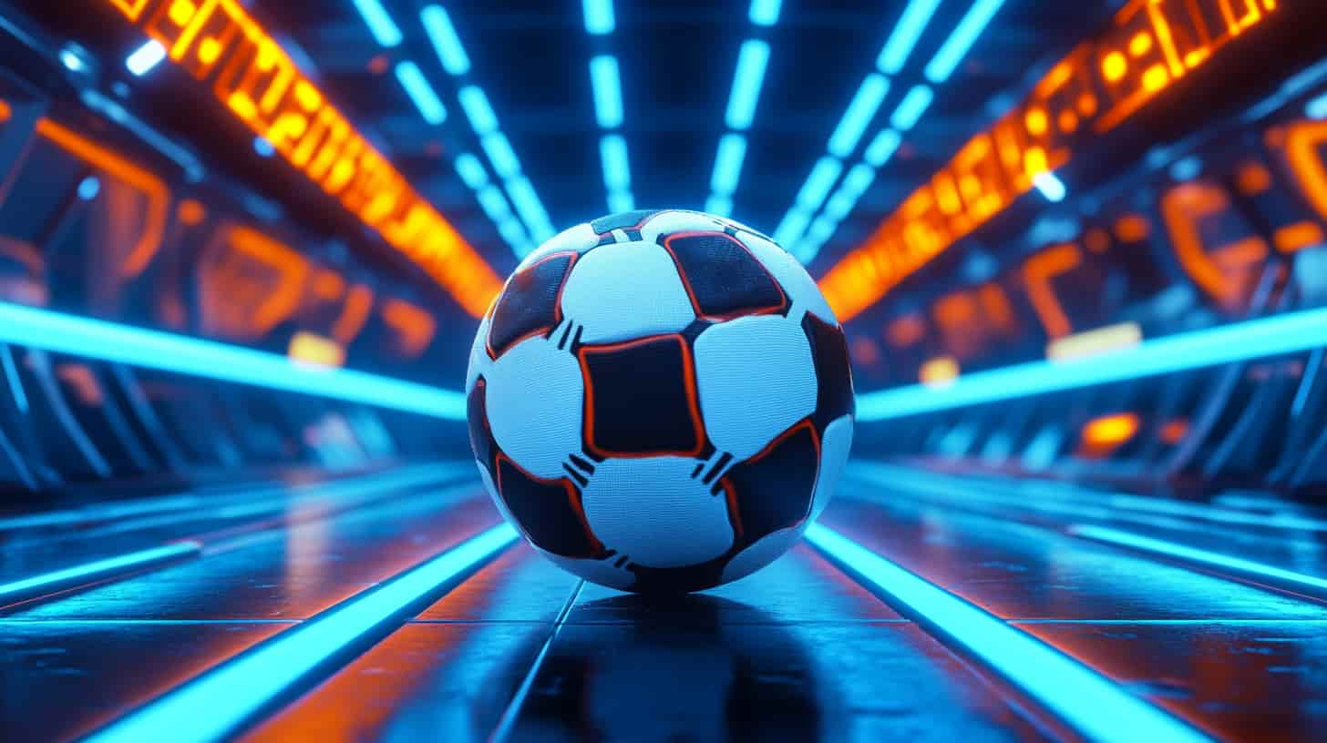 A soccer ball in a futuristic cyberpunk tunnel with neon lighting.