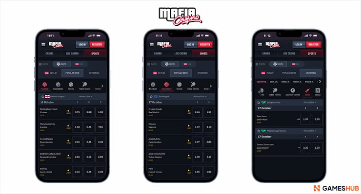 A glance at the live betting markets listed at Mafia Casino