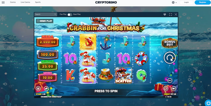 A look at Crabbin for Christmas UX performance at Cryptorino Casino