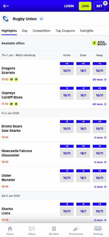 A look at the rugby union betting lines found at Boyle Sports on mobile