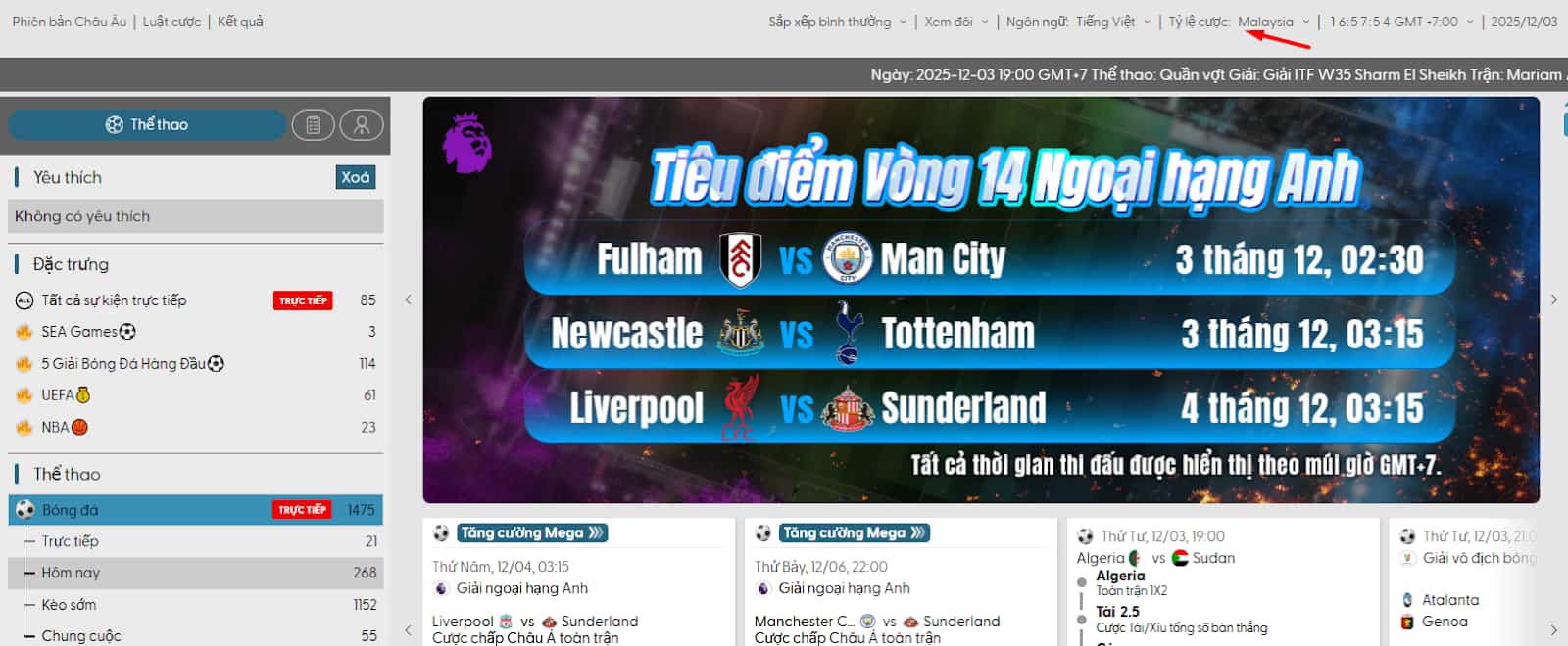 Chọn tỷ lệ cược Malaysia trên bảng kèo nhà cái