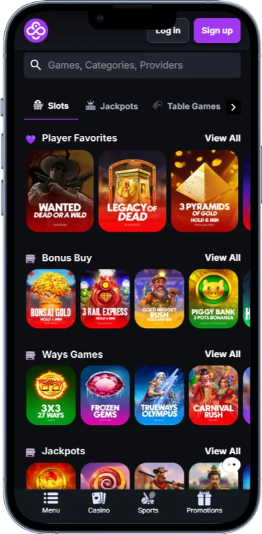 The CoinCasino game lobby as shown on mobile.