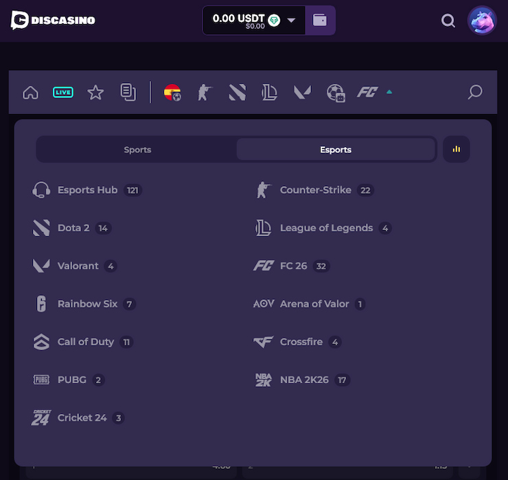 A view of Discasino's esports markets lineup, covered in our Discasino review