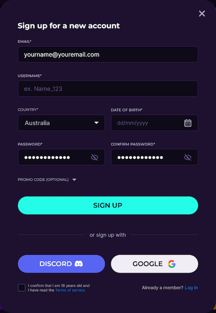 A view of the sign-up form at the site as explored in our Discasino review
