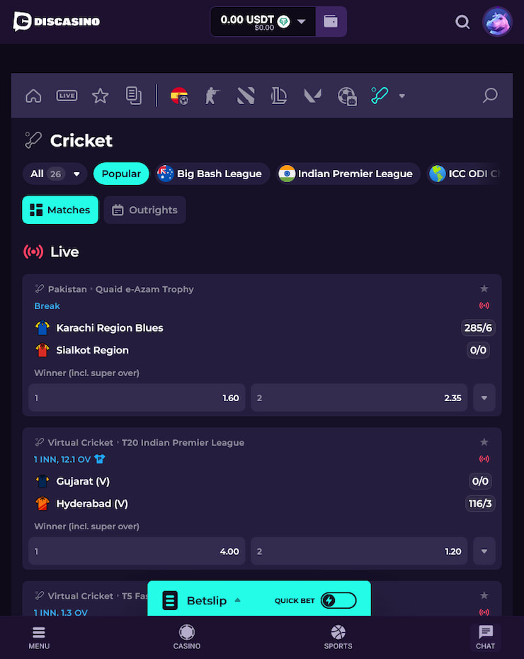 A preview of cricket odds in the Discasino sportsbook