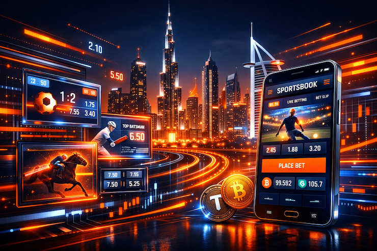 A futuristic Dubai skyline with glowing sportsbook interfaces symbolizing online sports betting in the UAE.