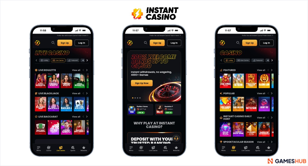 Instant Casino as shown on mobile in three different views.