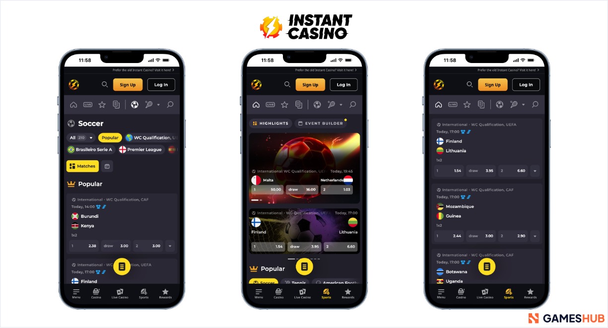 The Instant Casino sportsbook displaying live betting markets for Hong Kong bettors