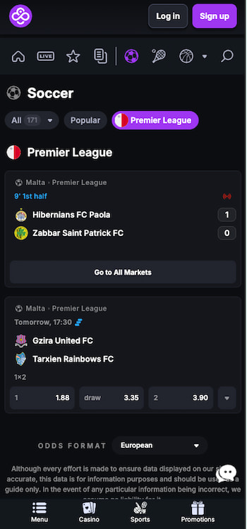 Live Maltese Premier League odds as seen on the CoinPoker Malta betting app
