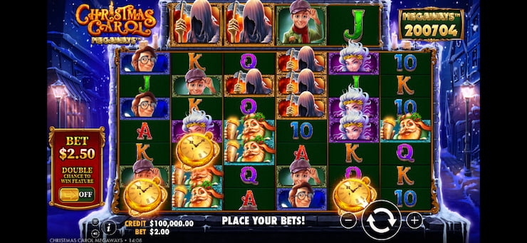 A screenshot of mobile play of Christmas Carol Megaways slot at Lucky Block