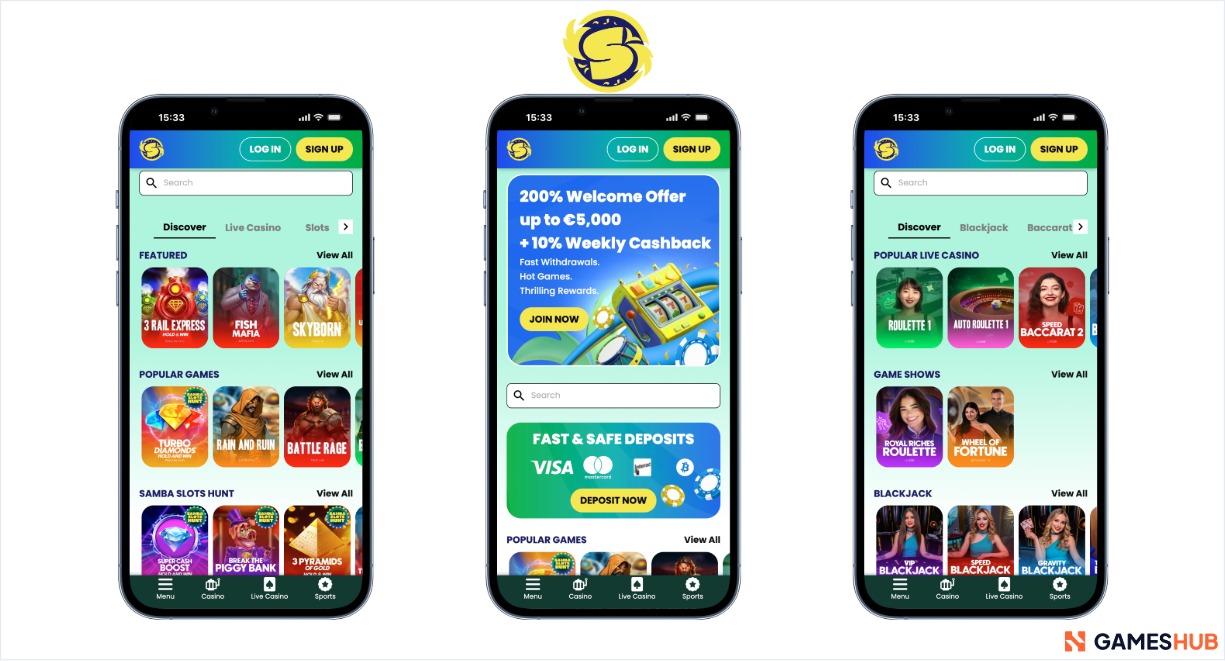 Samba Slots in three mobile view shots.