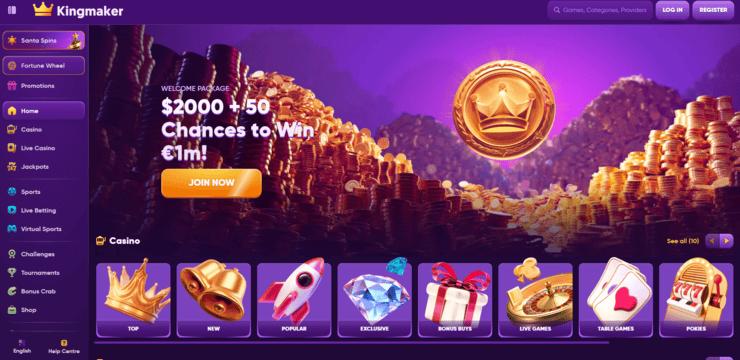 A screenshot showing the home page of Kingmaker Casino