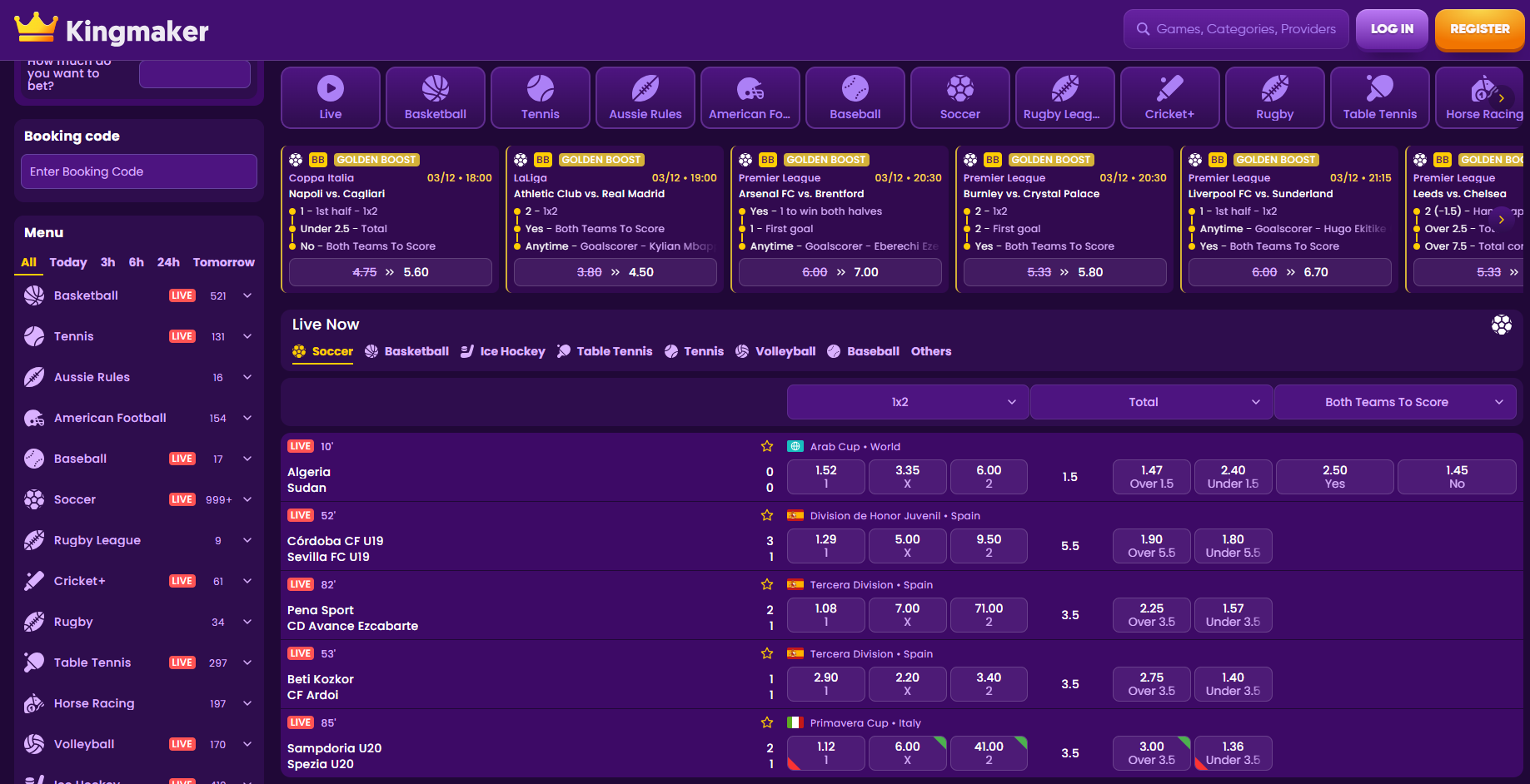 A preview of the sports betting markets available at Kingmaker