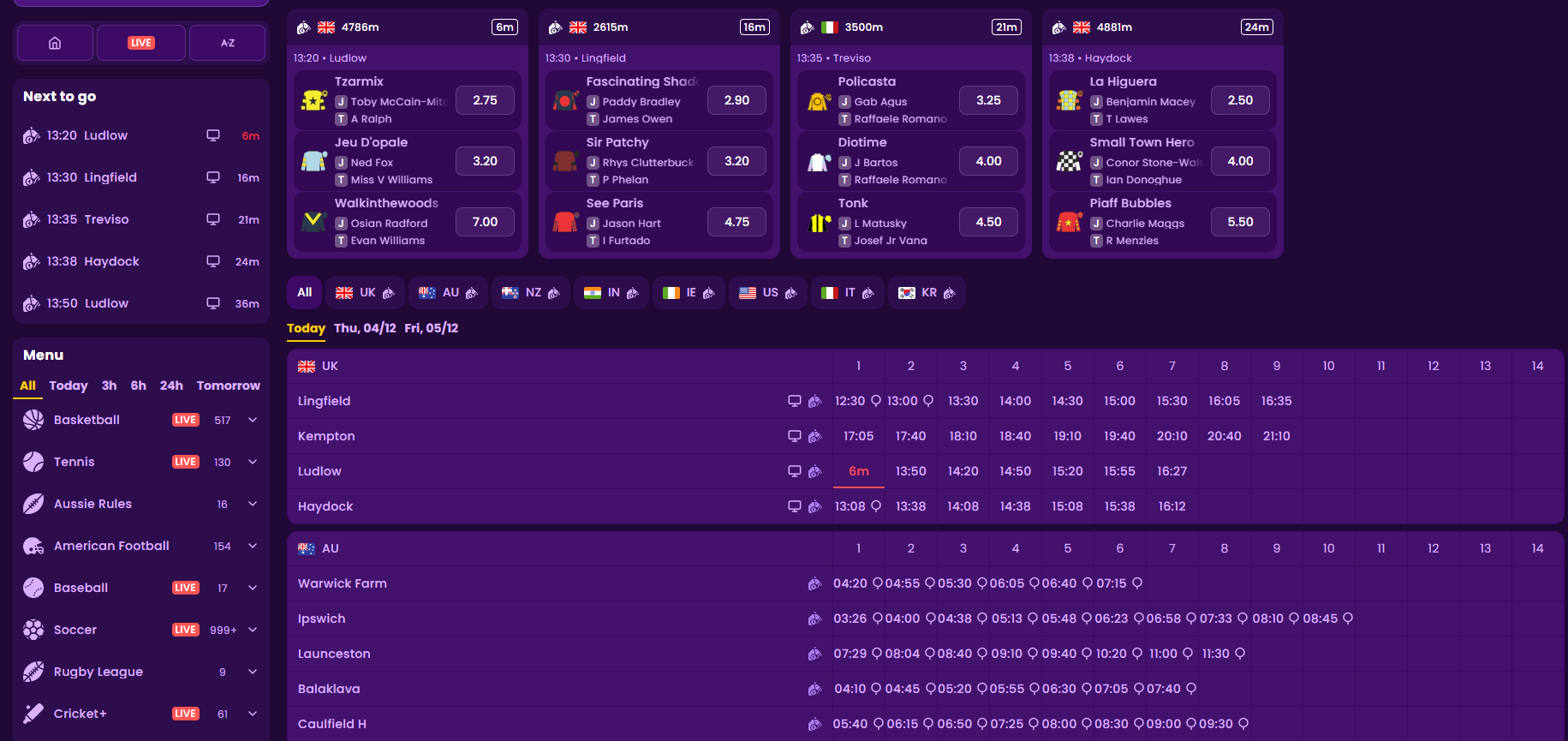 A view of Kingmaker Racebook, featuring markets and race coverage