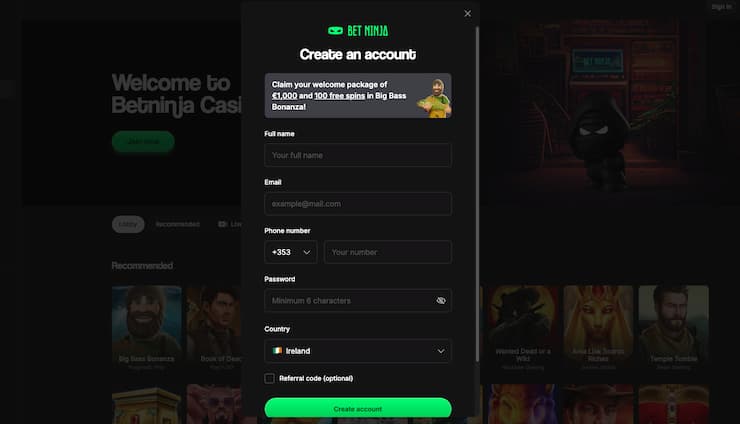 An image of the site's sign-up screen from our BetNinja review