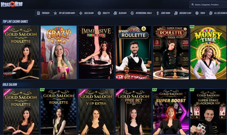 An image of live casino options at Vegas Hero